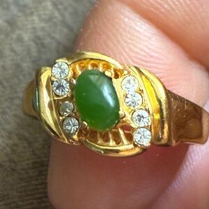 Vintage real Jade goldtone ring with clear rhinestones detailed cut out ring